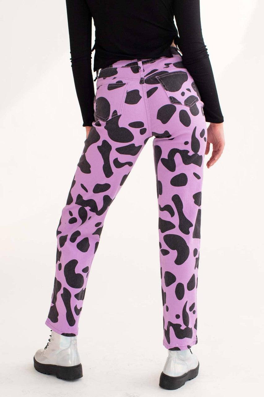 Purple Cow Print Wide Leg Jeans Product Image