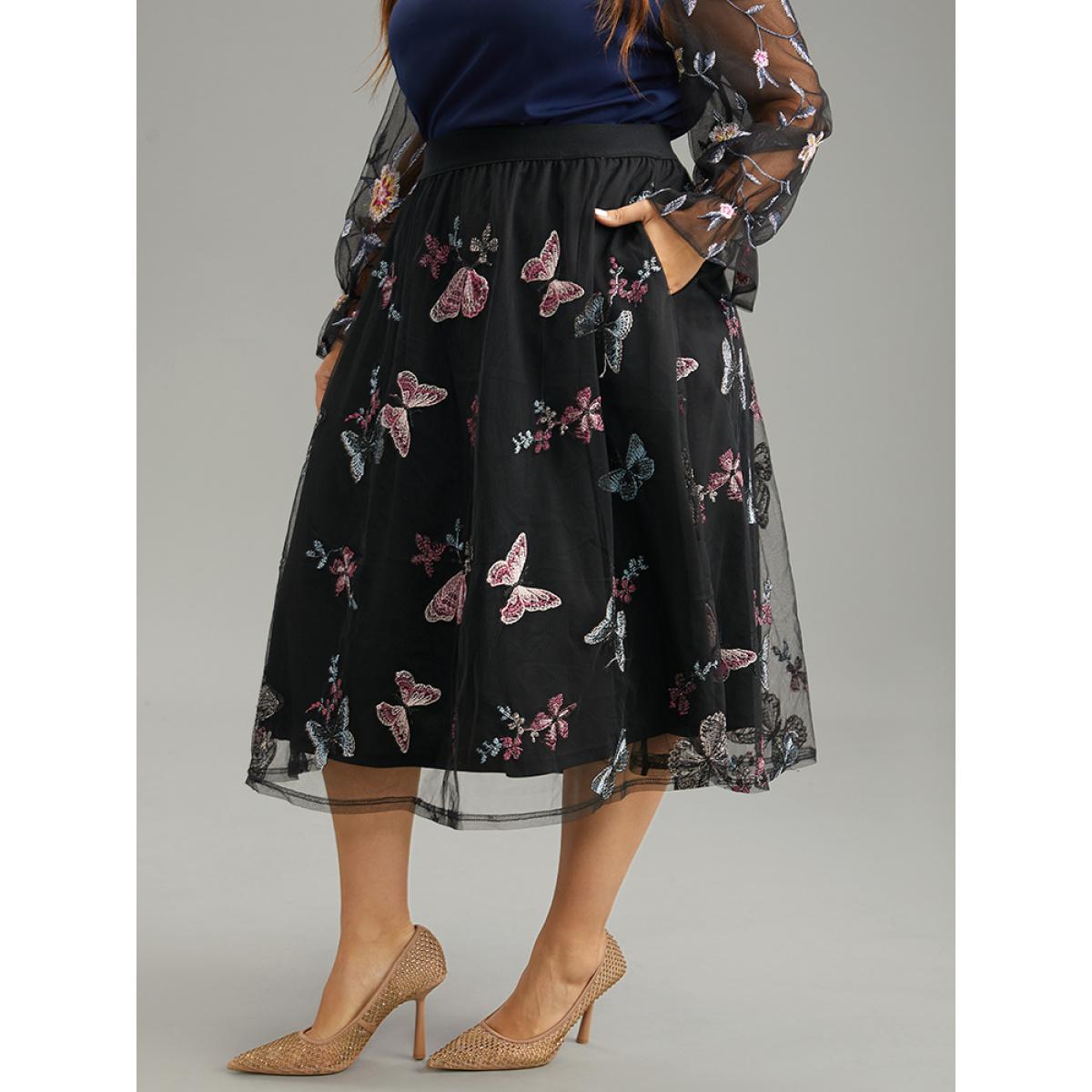 Plus Size Butterfly Embroidered Mesh Elastic Waist Skirt Women Black Party Lace No stretch Pocket Going out Skirts BloomChic 14-16/1X Product Image