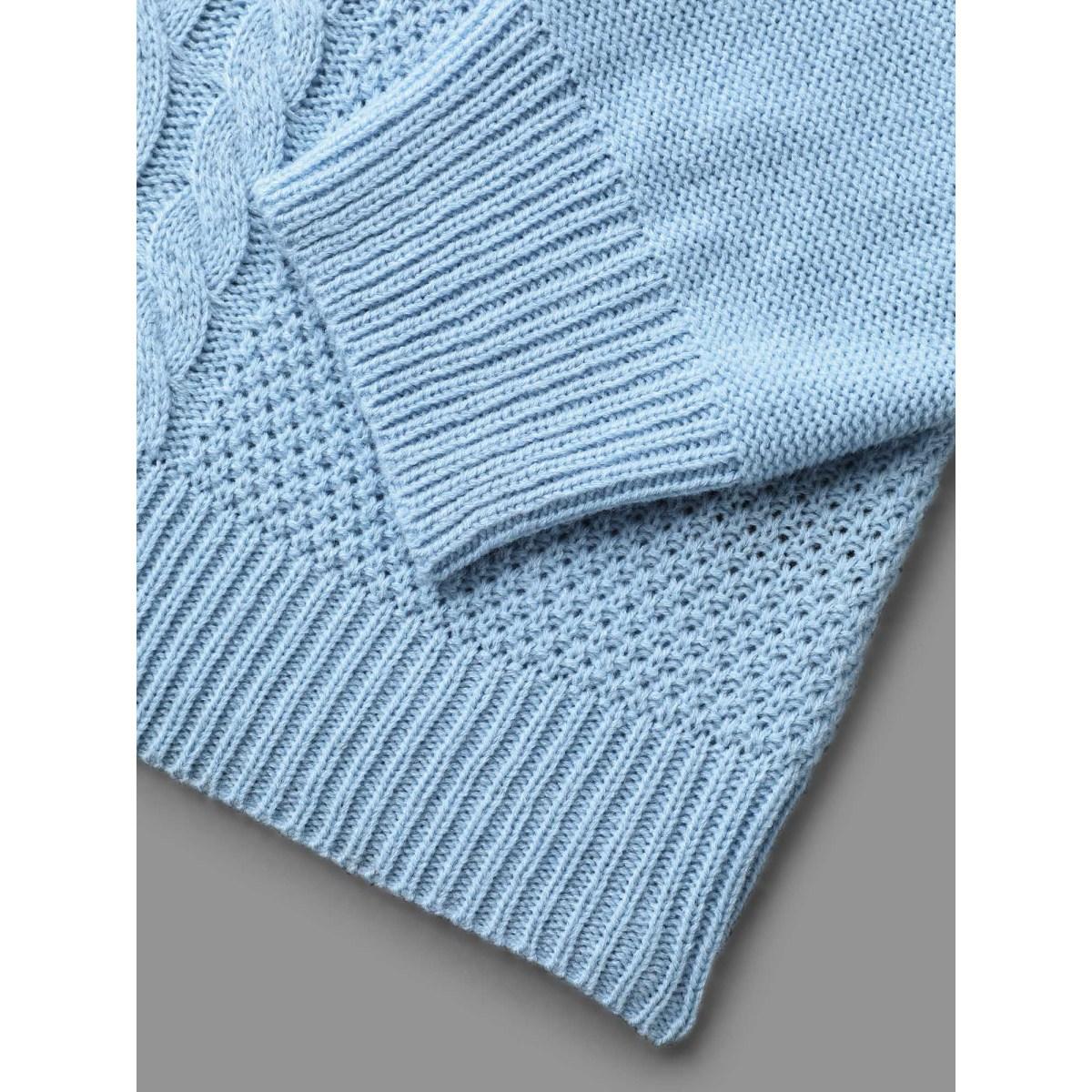 Plus Size Solid Round Neck Plisse Cable Knit Pullover LightBlue Women Casual Loose Long Sleeve Round Neck Everyday Pullovers BloomChic 22-24/3X Product Image