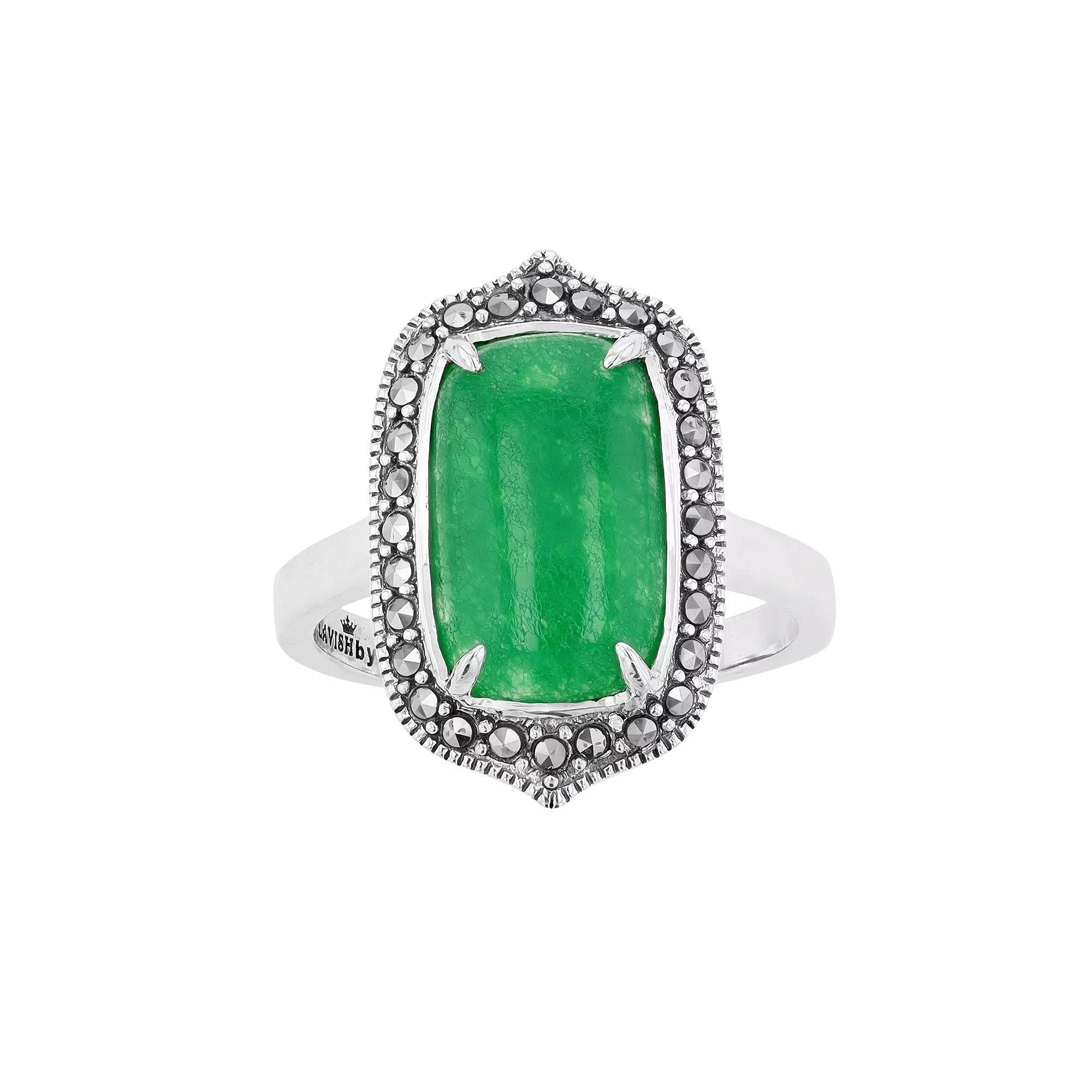 Lavish by TJM Sterling Silver Jade Cabochon & Marcasite Rectangular Ring, Womens Product Image