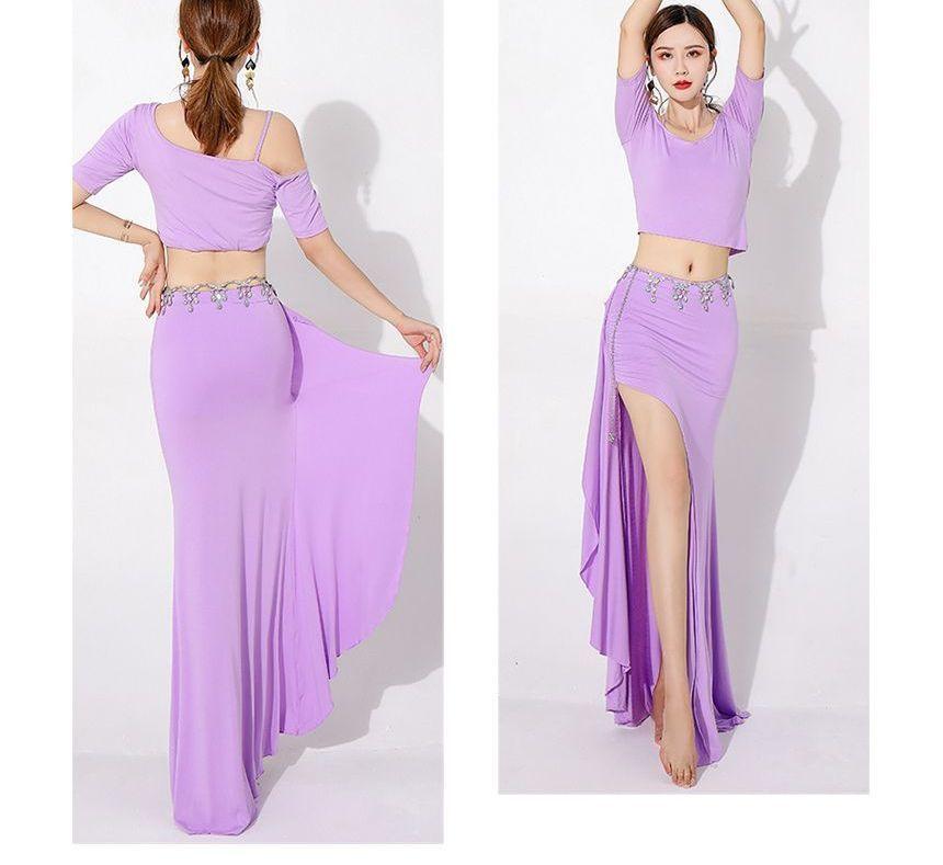Set: Short-Sleeve Cold-Shoulder Plain Crop Dance Top + Mid Rise Asymmetrical Slit Maxi Pencil Skirt Product Image