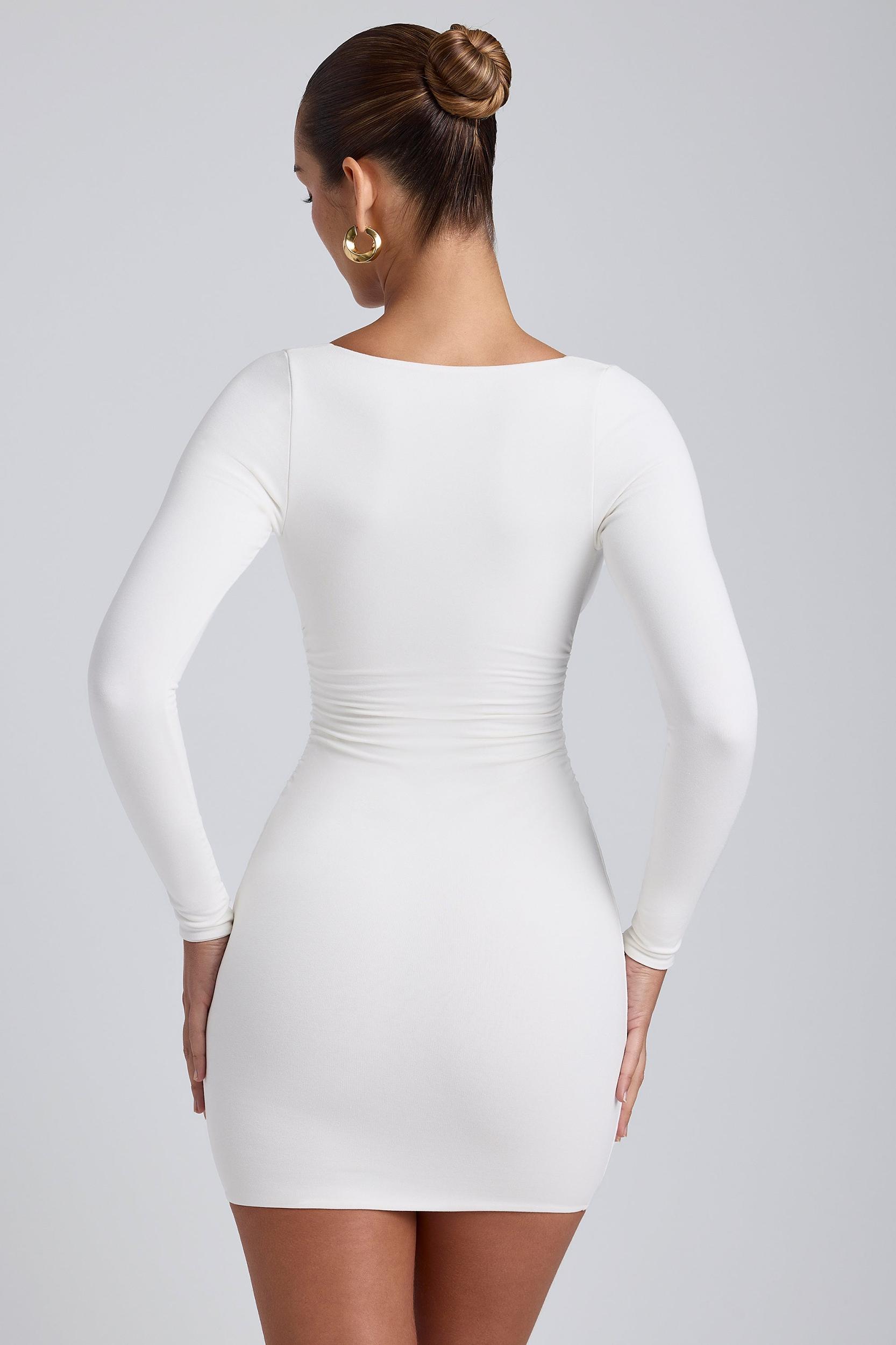 Modal Ruched Long-Sleeve Mini Dress in White Product Image