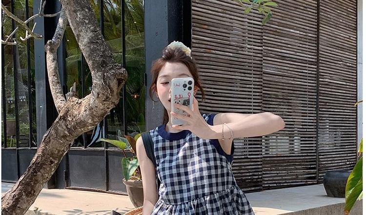 Maternity Set: Sleeveless Round Neck Plaid Peplum Top + Drawstring Waist Panel Wide Leg Pants Product Image