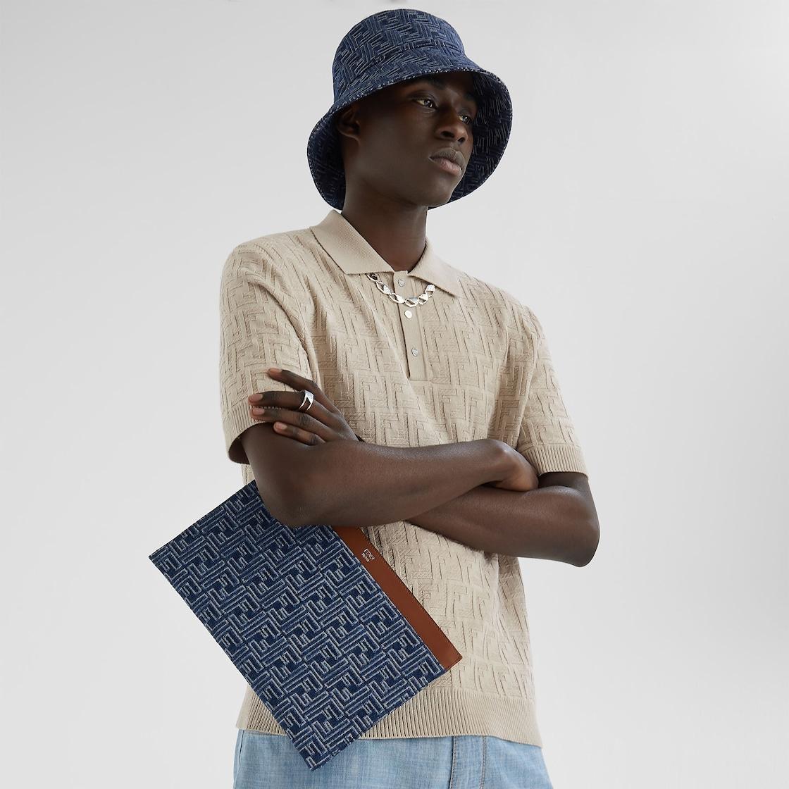 FF Medium Flat PouchBrown leather and blue denim-effect FF Jacquard pouch Product Image