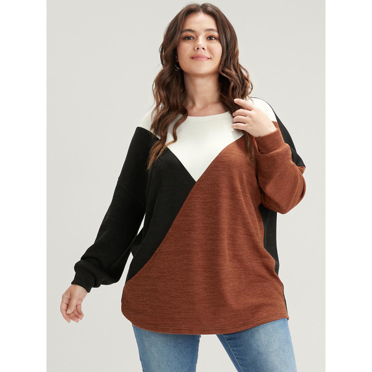 Plus Size Colorblock Contrast Rib Knit Drop Shoulder Sweatshirt Women Multicolor Elegant Patchwork Round Neck Dailywear Sweatshirts BloomChic 30/6X Product Image