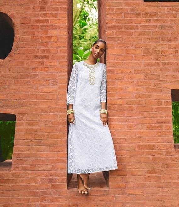 Lilly Pulitzer Burnett Butterfly Medallion Lace Beaded Round Neck 3/4 Sleeve Maxi Dress Product Image