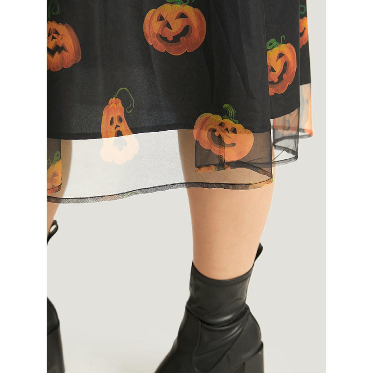 Plus Size Halloween Pumpkin Print Mesh Patchwork Tank Dress BlackFlower Women Elegant See through Round Neck Sleeveless Curvy Midi Dress BloomChic 10/M Product Image