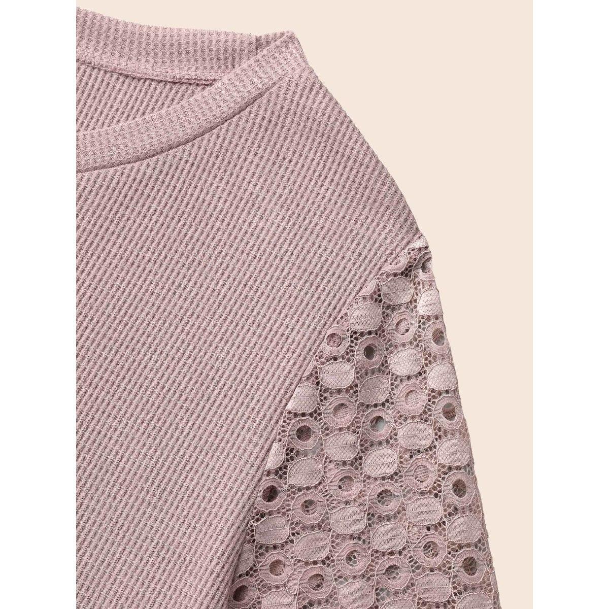 Plus Size Textured Lace Spliced Stretchy T-Shirt Dirtypink Women Elegant Texture Round Neck Everyday T-shirts BloomChic 14-16/1X Product Image