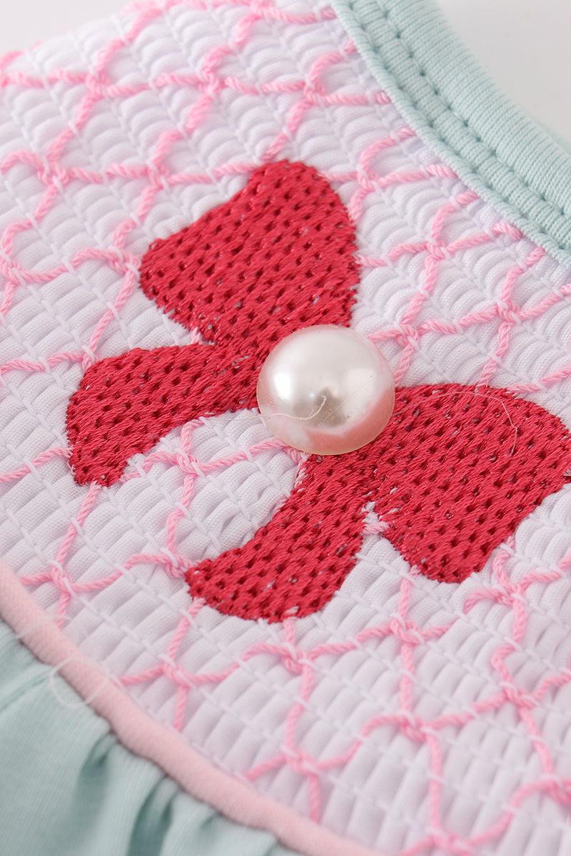 Blue bow pearl smocked dress Product Image