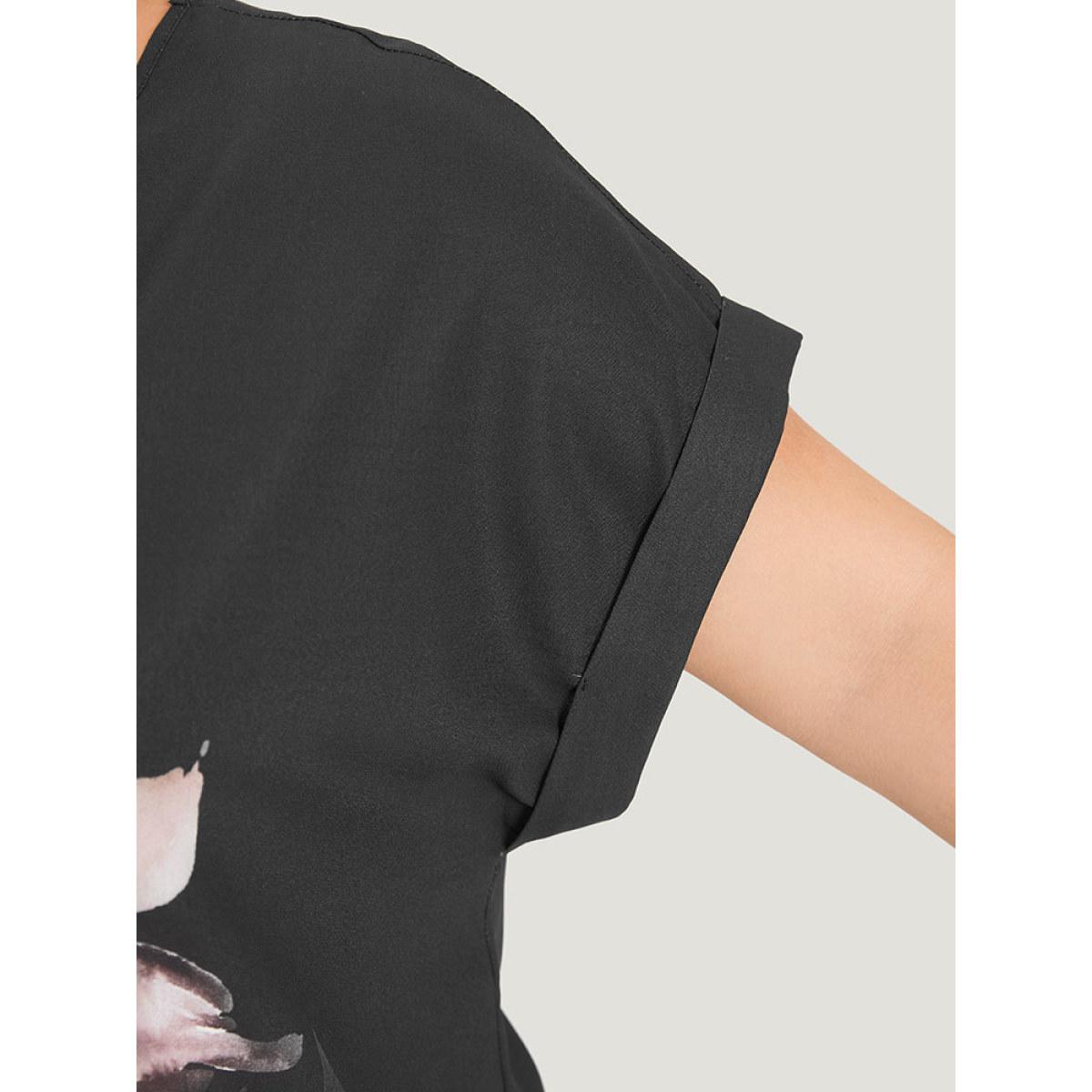 Plus Size Black Floral Print Crew Neck Roll Dolman Sleeve Blouse Women Elegant Short sleeve Round Neck Dailywear Blouses BloomChic 22-24/3X Product Image
