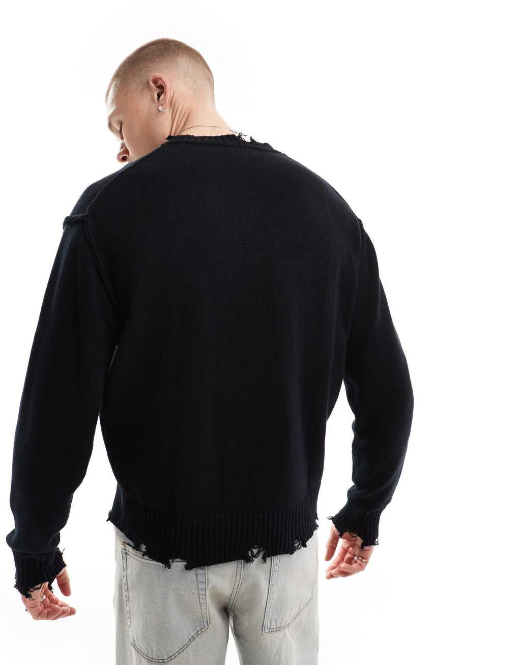 Bershka distressed knitted sweater in black Product Image