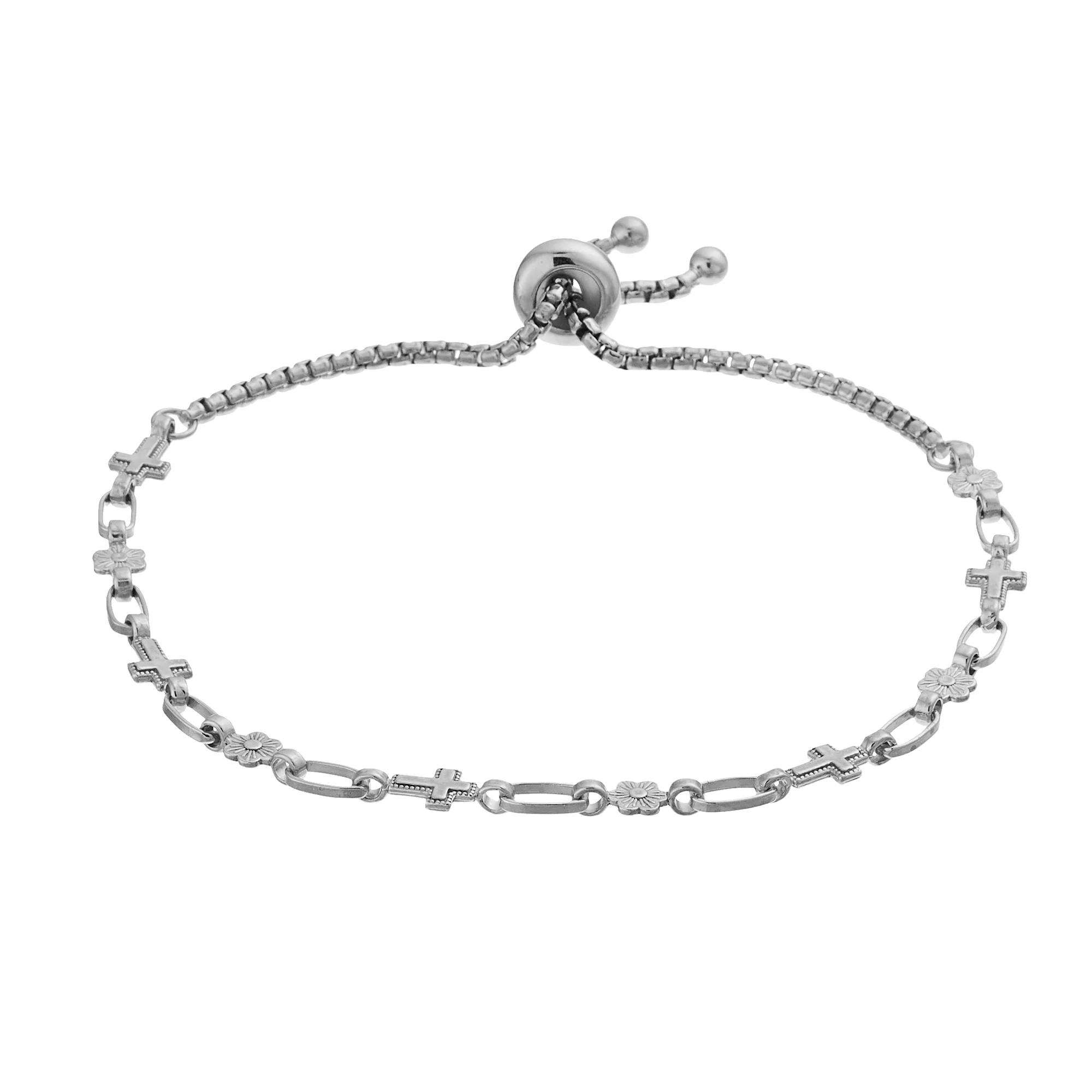 Kristen Kesho Sterling Silver Cross & Flower Link Adjustable Bolo Bracelet, Women's, Size: 9.50 Product Image