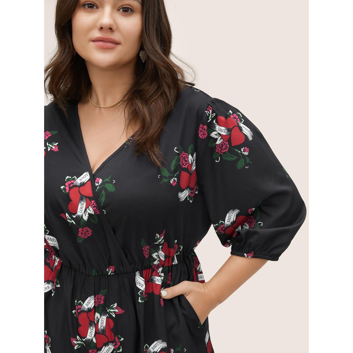 Plus Size Black Floral Elastic Waist Overlap Collar Gathered Jumpsuit Women Elegant Elbow-length sleeve Overlap Collar Everyday Loose Jumpsuits BloomChic 12/L Product Image