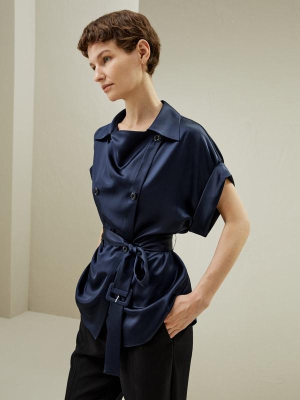 LILYSILK Silk Trench Jacket for Women Navy Blue Natural Silk Luxurious Roll-Up Trench Coat L Product Image