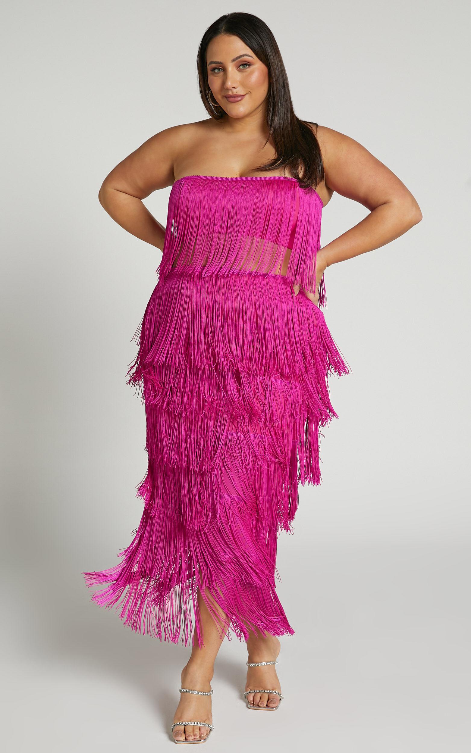Amalee Two Piece Set - Fringe Strapless Crop Top and Midi Skirt Set in Pink Product Image