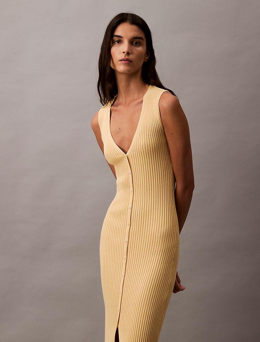 Smooth Cotton Rib Sweater Midi V-Neck Dress Product Image