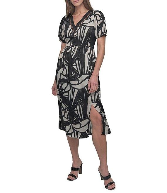 DKNY by Donna Karan Short Sleeve Printed V-Neck Ladder Lace Midi Dress Product Image