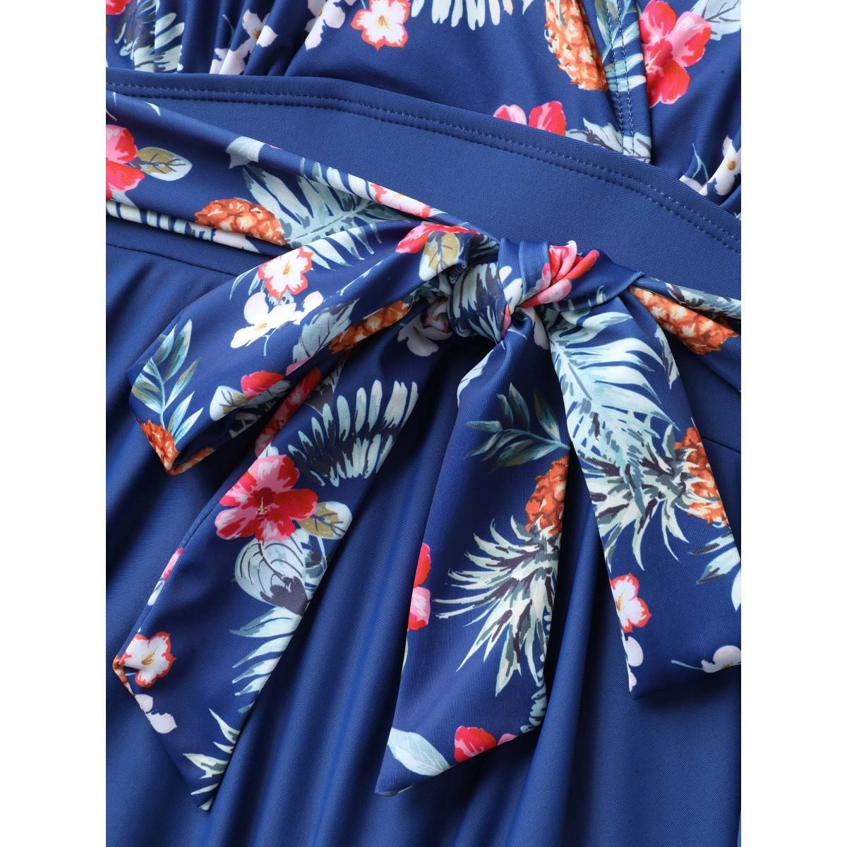 Plus Size Tropical Floral Print Waist-Tie Swim Dress Women's Swimwear Mediumblue Beach Bodycon Overlap Collar High stretch Curve Swim Dresses BloomChic 28/5X Product Image