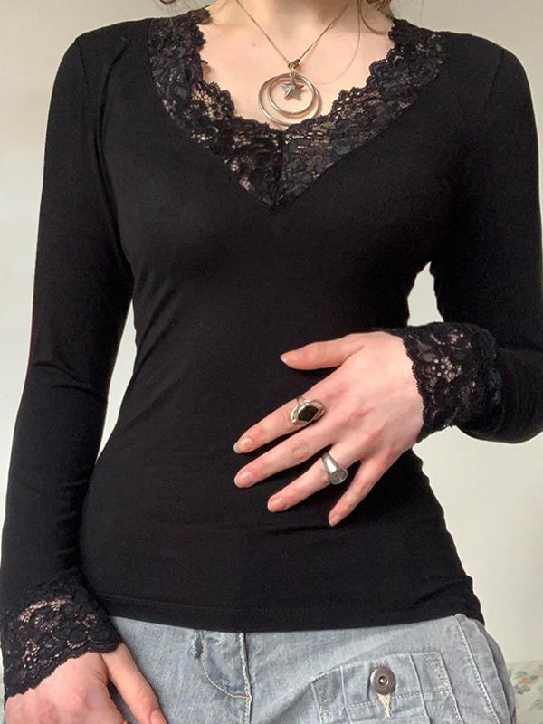 V Lace Stitching Long Sleeve Tee Product Image