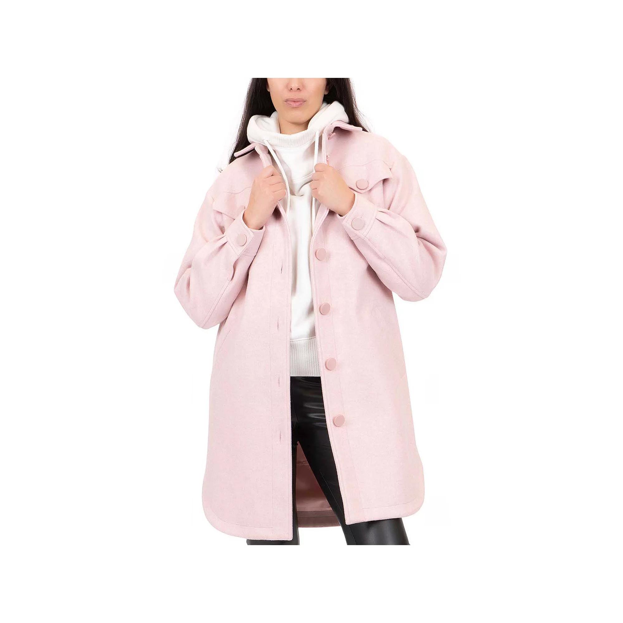 Junior's Coffee Shop Oversized Faux Wool Shacket, Women's, Size: Medium, Light Pink Grey Product Image