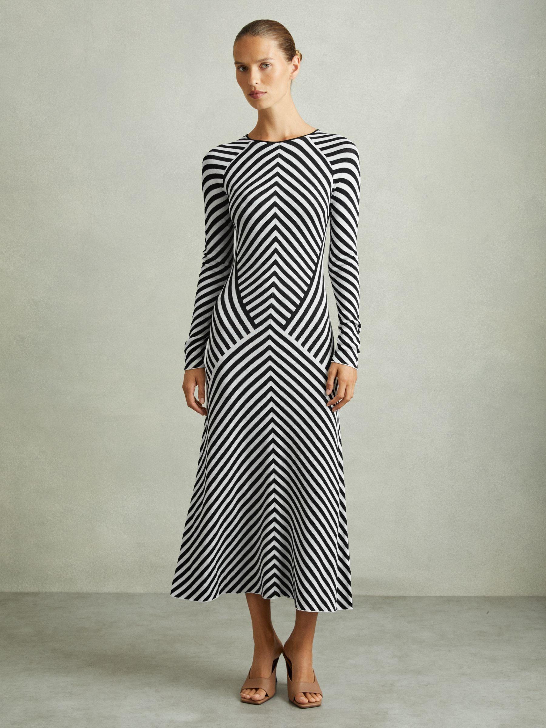 Knitted Striped Midi Dress in Black/Ivory Product Image