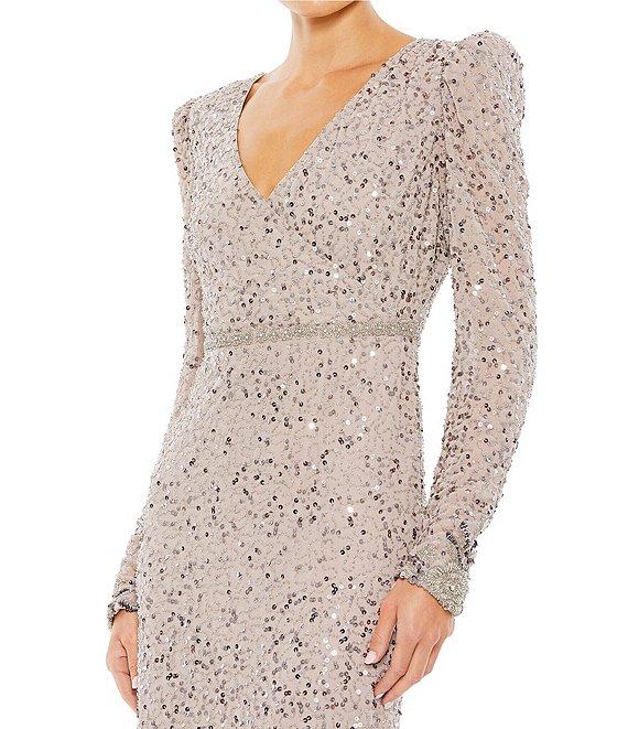 Mac Duggal Sequin Embellished Flounce Hem Surplice V-Neck Long Sleeve Midi Dress Product Image