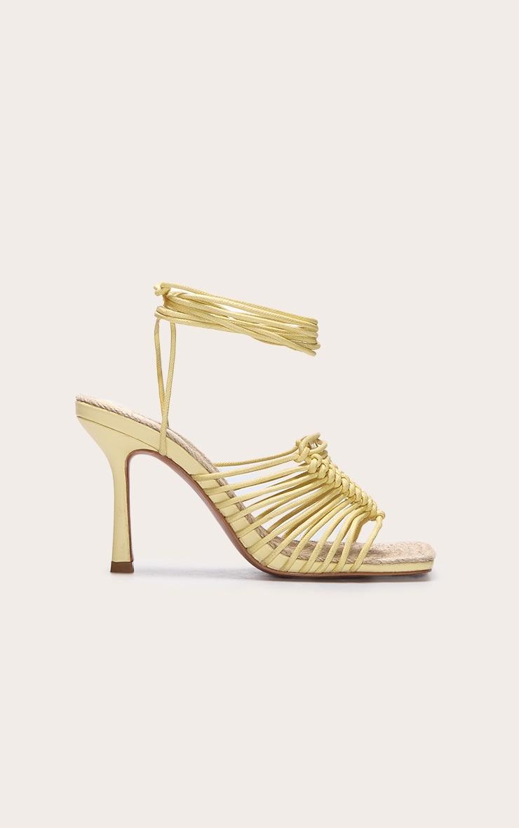 Butter Yellow Pu Square Knotted Toe Lace Up Heeled Sandals Product Image