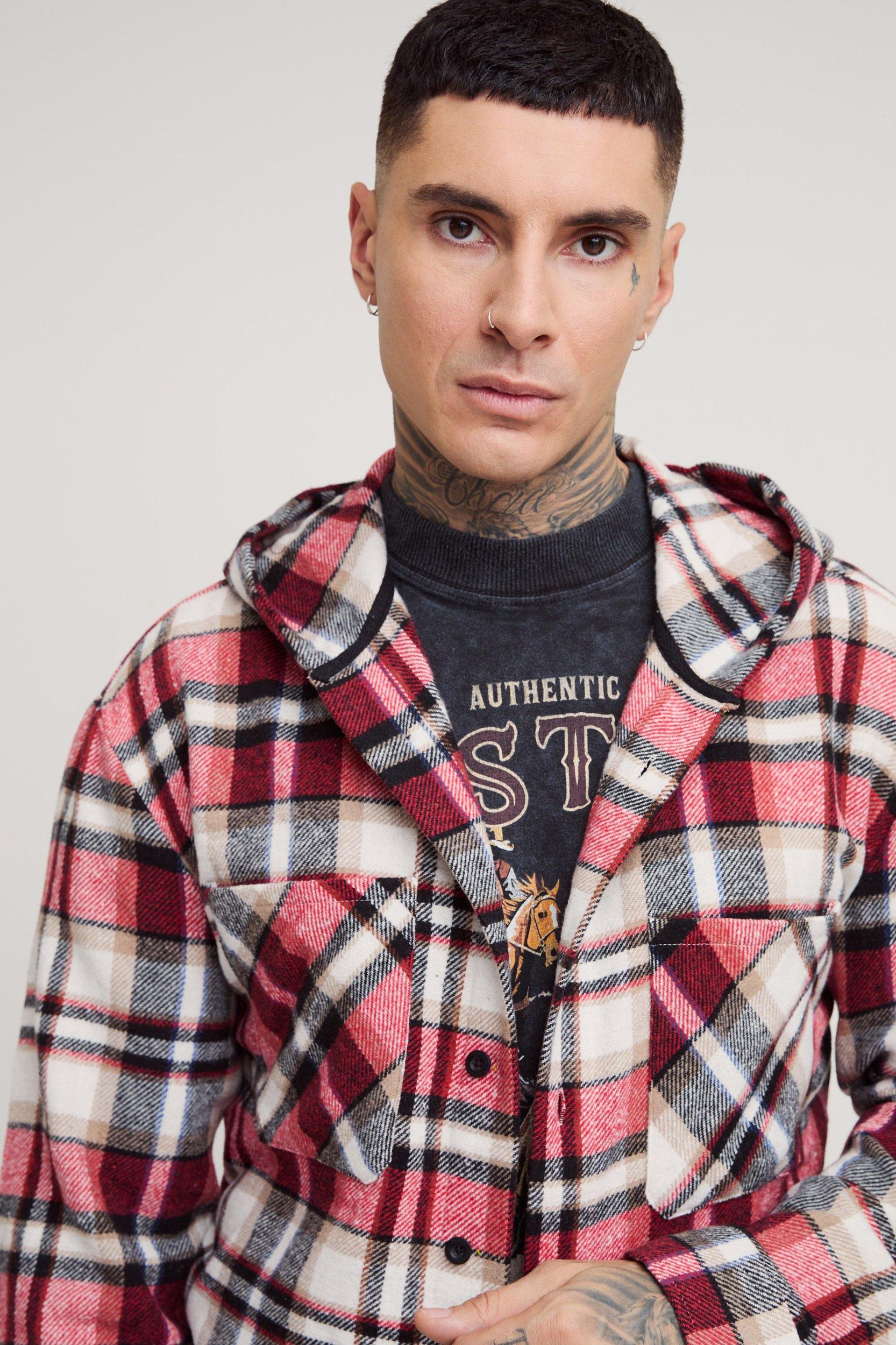 Tall Brushed Hooded PlaidShirt Jacket | boohooMAN USA Product Image