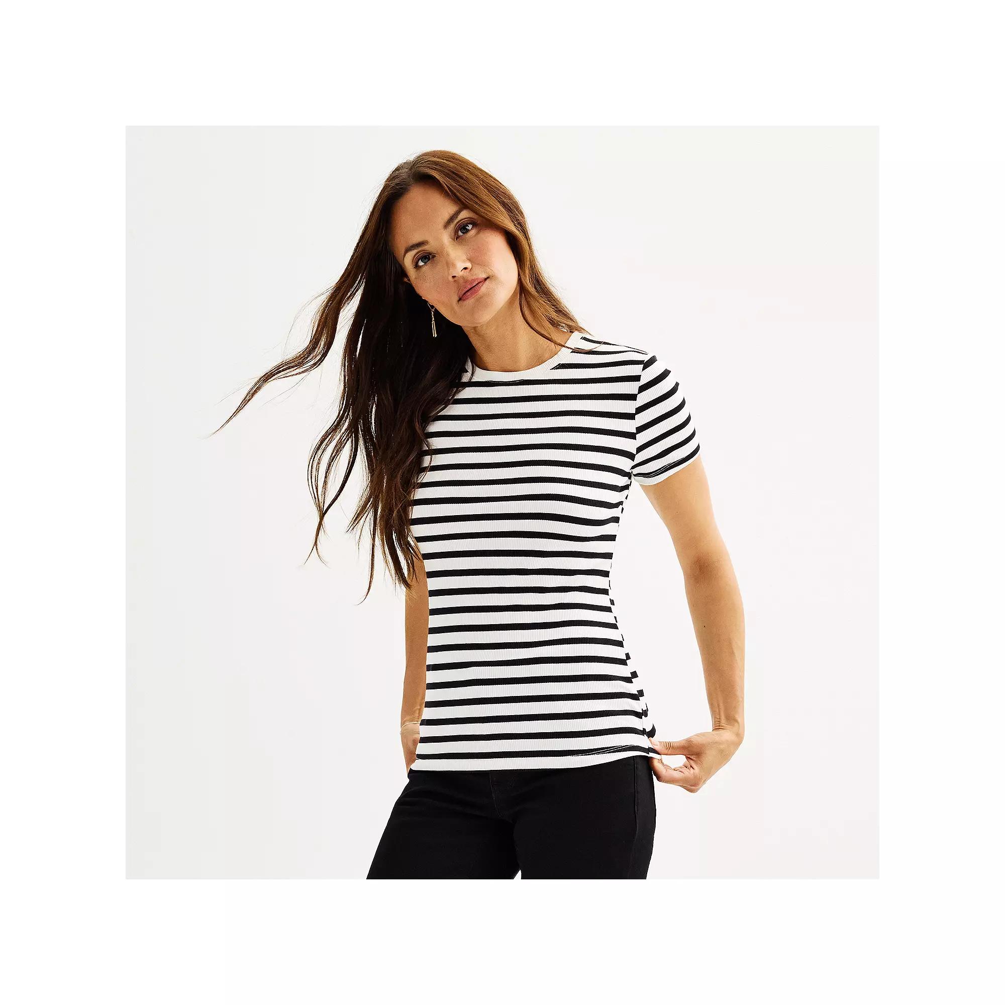 Women's Nine West Fitted Ribbed Crewneck Top, Size: Medium, Black White Product Image