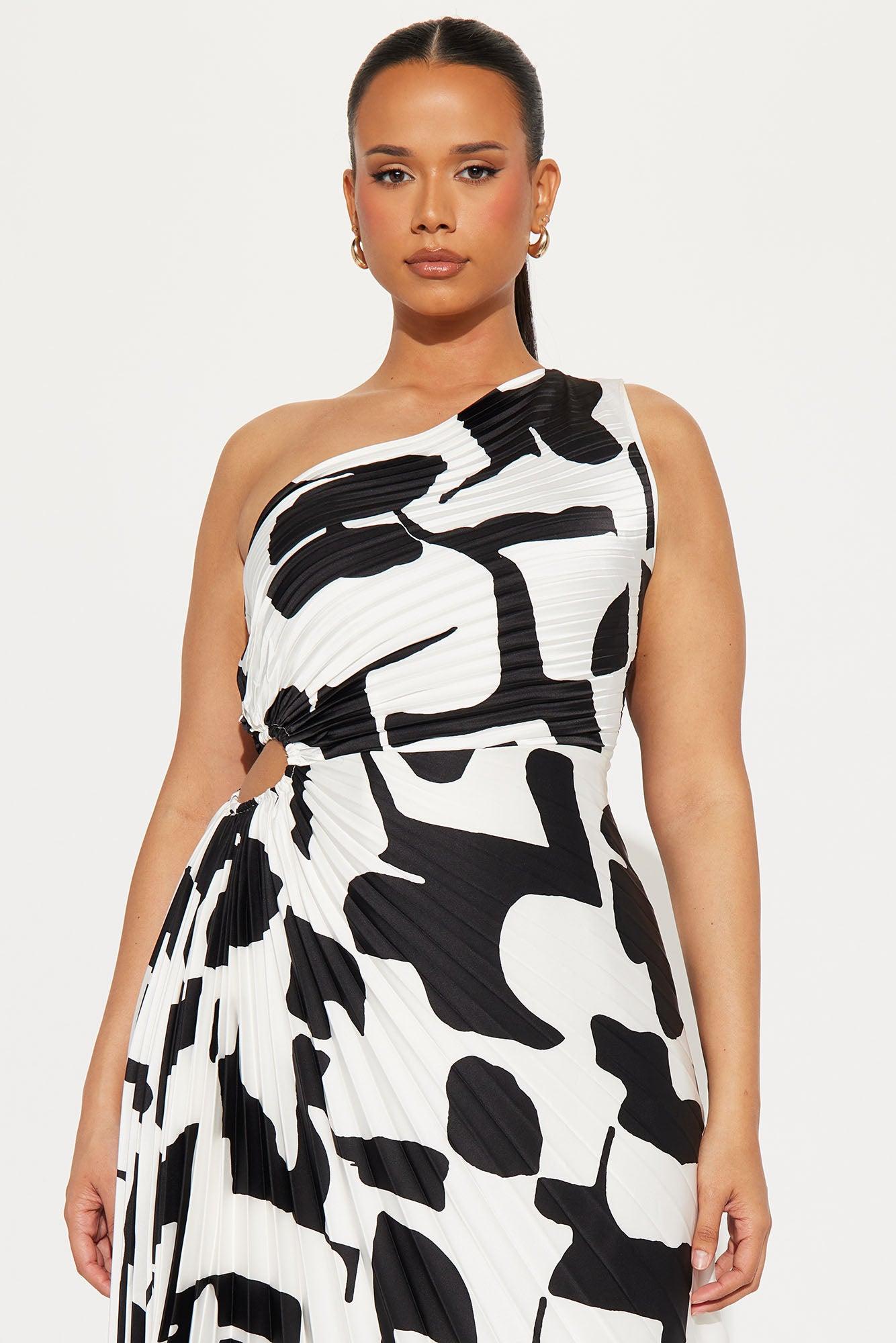 Tia Satin Midi Dress - Black/White Product Image