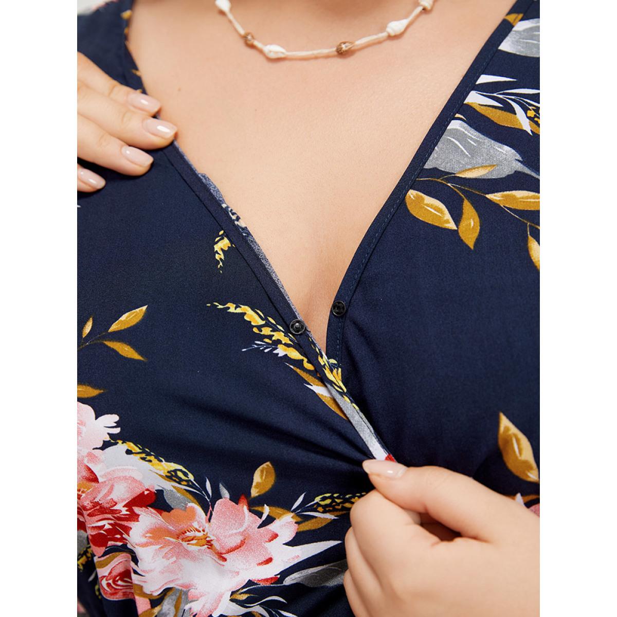 Plus Size Floral Print Surplice Neck Pocket Ruffle Sleeve Dress DarkBlue Women Elegant Gathered V-neck Half Sleeve Curvy Knee Dress BloomChic 30/6X Product Image