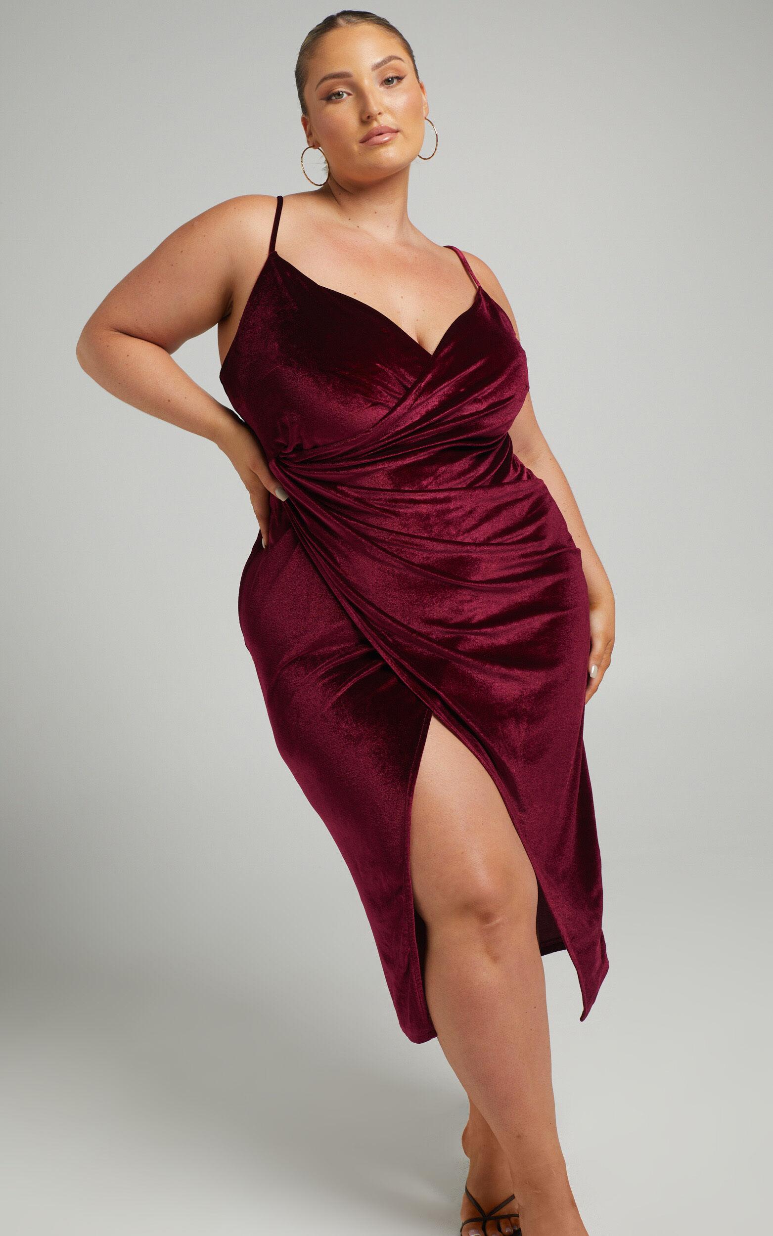 Loving Blind Midi Dress - Draped Thigh Split Dress in Wine Velvet Product Image