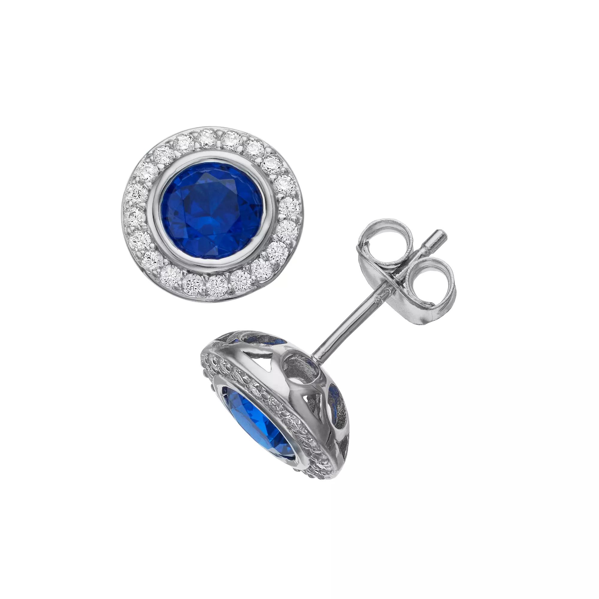 Rosabella Sterling Silver Blue & White Cubic Zirconia Halo Stud Earrings, Women's Product Image
