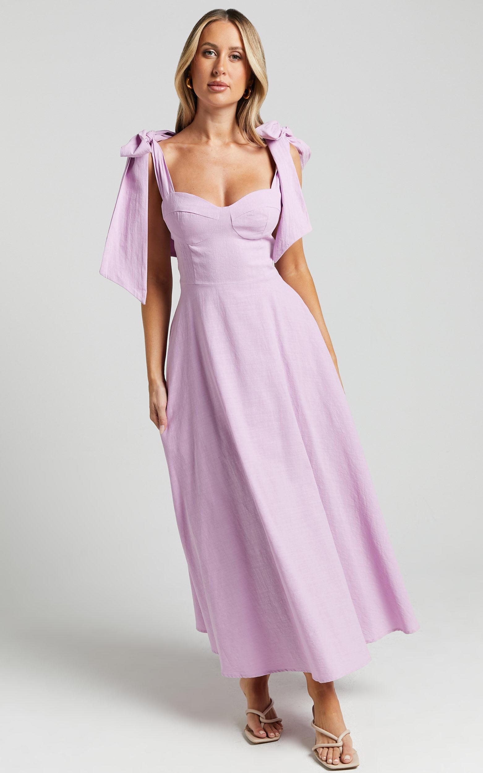 Tymia Midi Dress - Shoulder Tie Bustier Shirred Back A Line in Lavender Product Image
