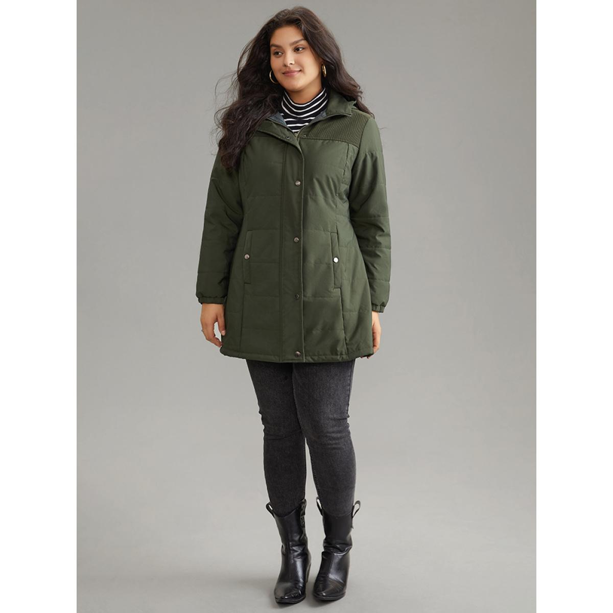 Plus Size Plain Patchwork Corduroy Zipper Padded Hooded Jacket Women ArmyGreen Lined Pocket Everyday Jackets BloomChic 12/L Product Image