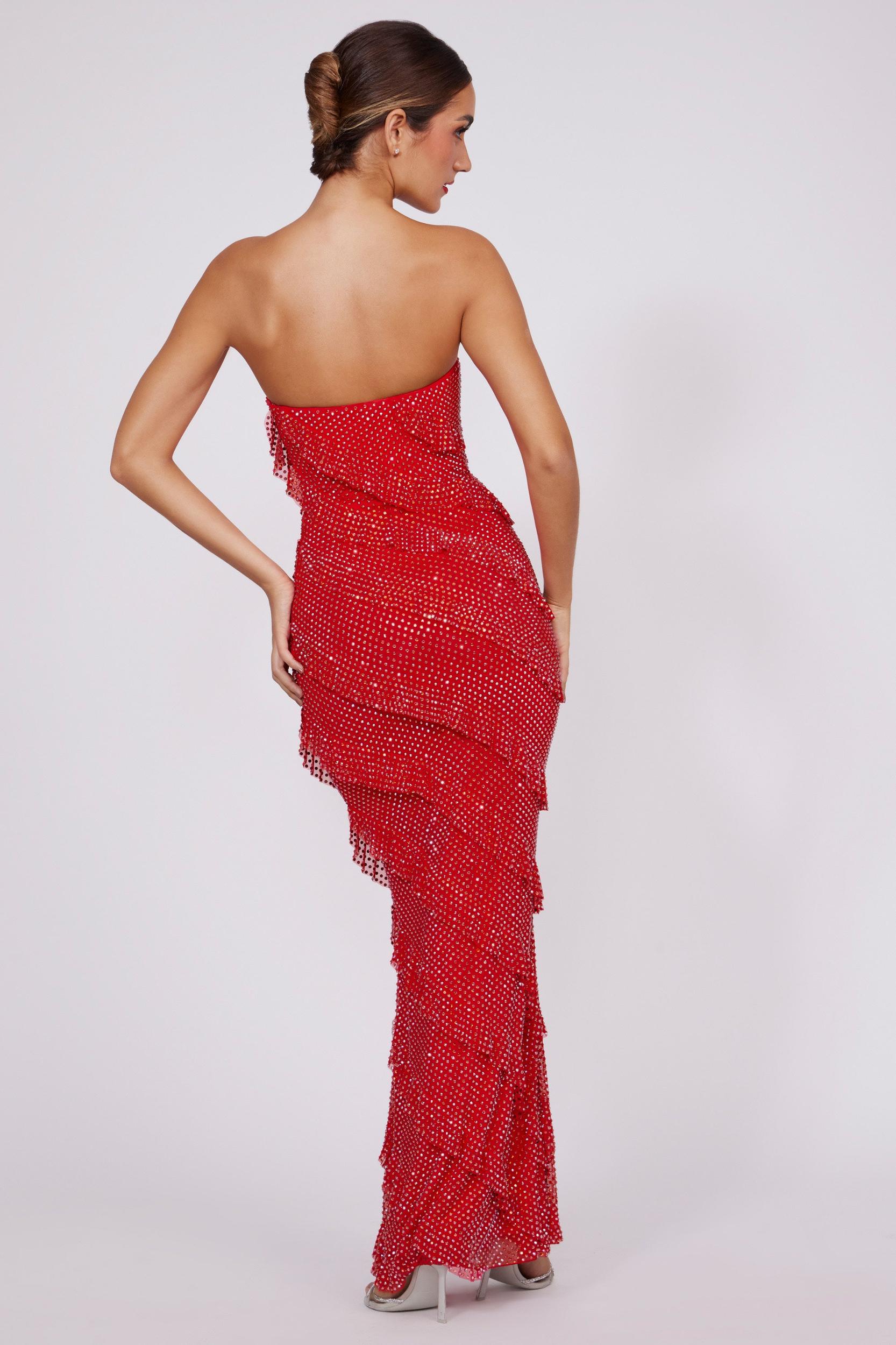 Embellished Strapless Ruffle Maxi Dress in Fire Red Product Image