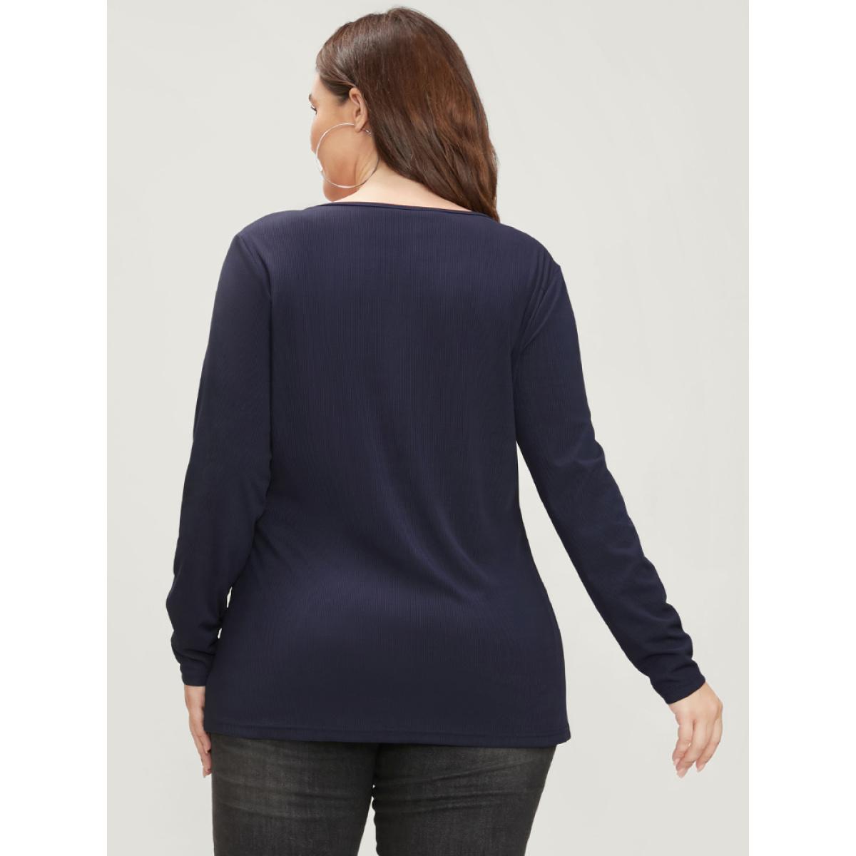 Plus Size Solid Notched Rib Knit Long Tee Midnight Women Elegant Plain V-neck Dailywear T-shirts BloomChic 18-20/2X Product Image