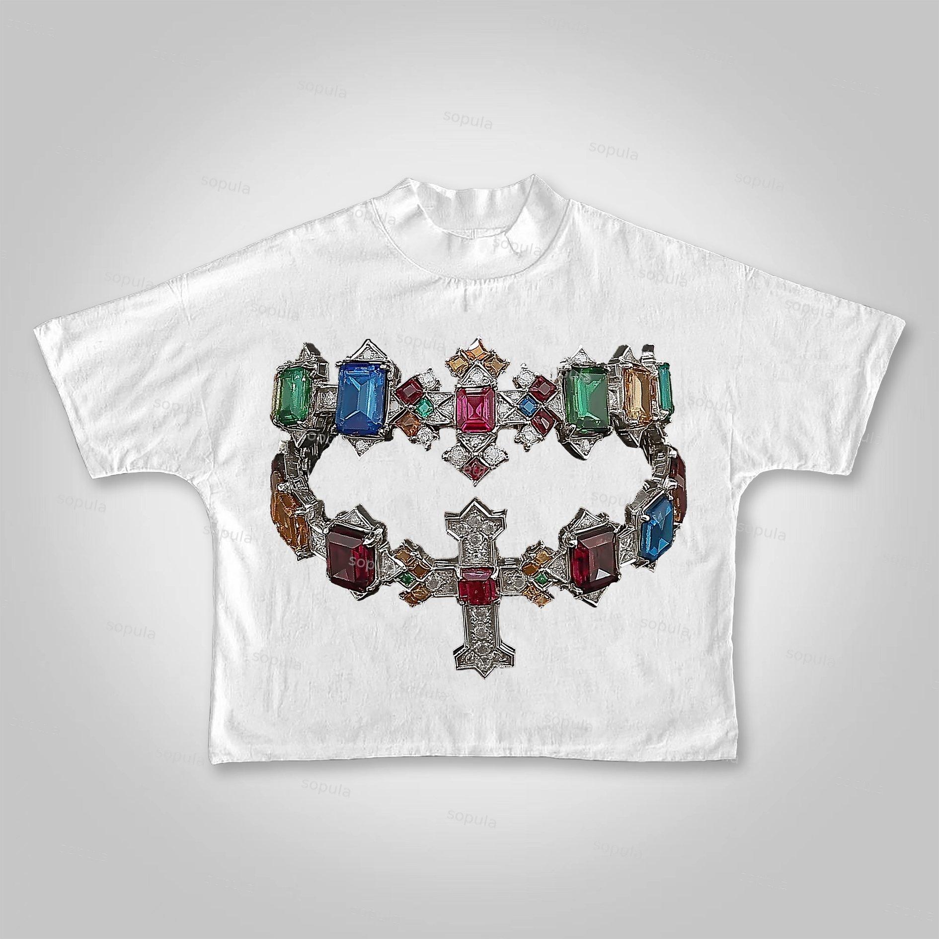 Sopula Fortune Diamond Cross Graphic Cropped T-Shirts Product Image
