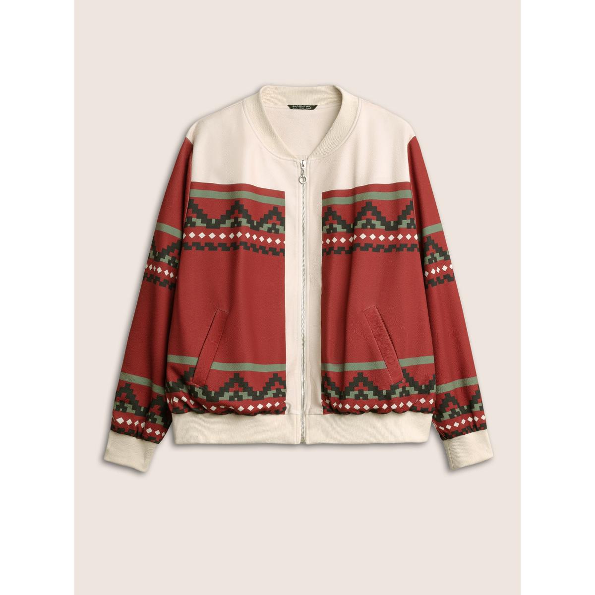 Plus Size Colorblock Rib Knit Pocket Zipper Fly Jacket Women Scarlet Non Slanted pocket Everyday Jackets BloomChic 10/M Product Image