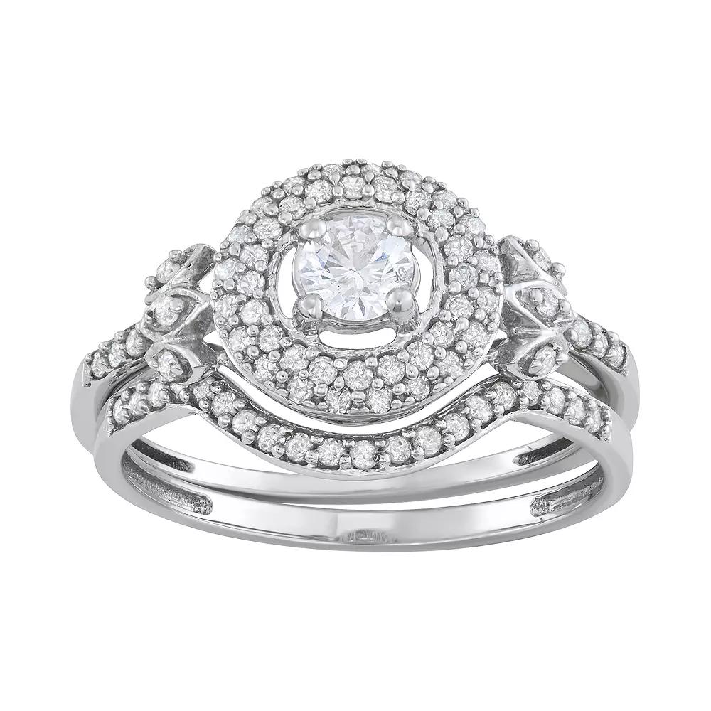 10k White Gold 5/8 Carat T.W. Diamond Halo Engagement Ring Set, Women's, Size: 7, 10k Whgold Product Image