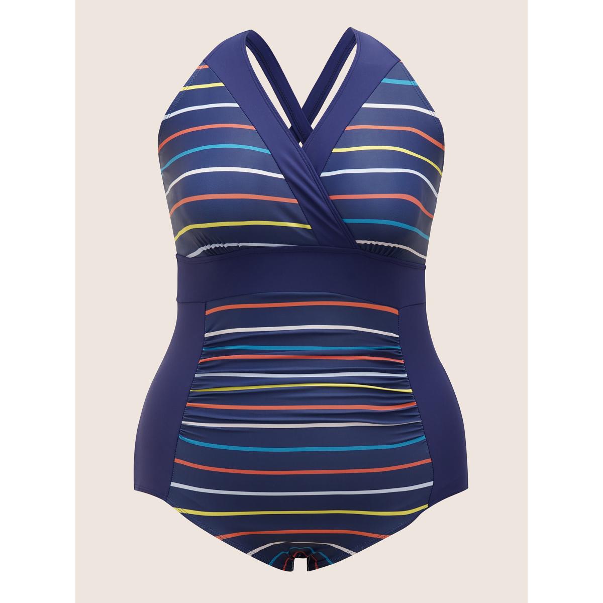 Plus Size Striped Overlap Collar Ruched One Piece Swimsuit Women's Swimwear DarkBlue Beach Gathered Curve Bathing Suits High stretch One Pieces BloomChic 30/6X Product Image