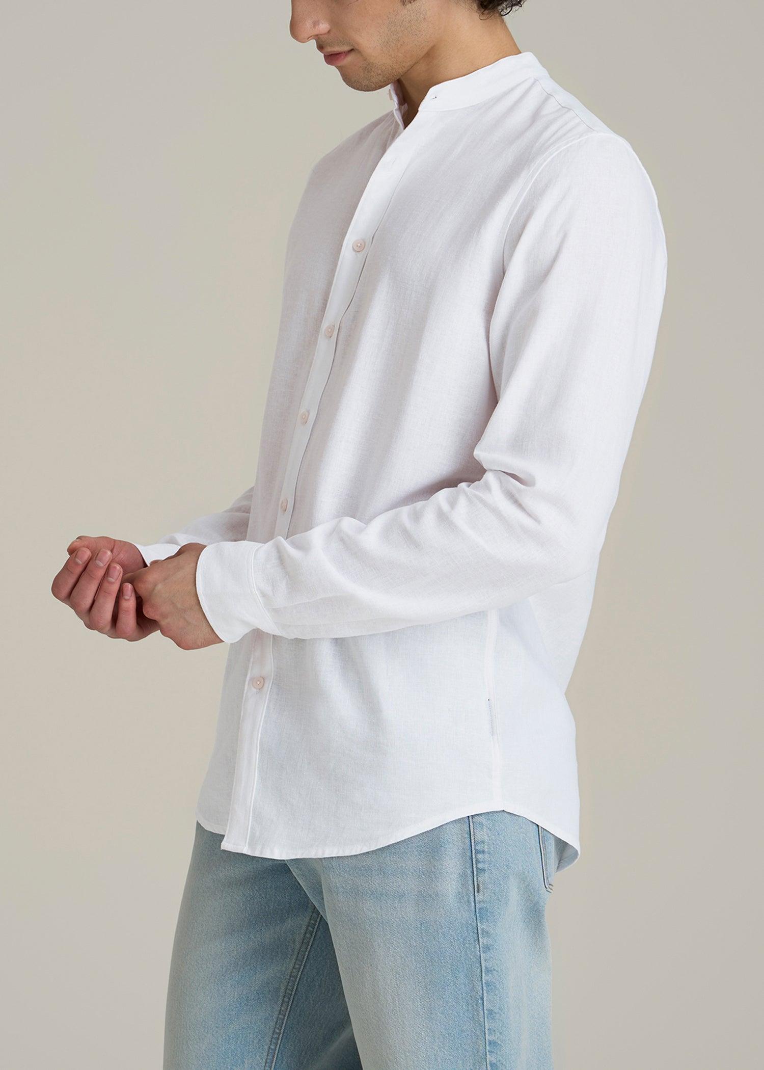 Band Collar Linen Button Shirt for Tall Men in Optic White Male Product Image