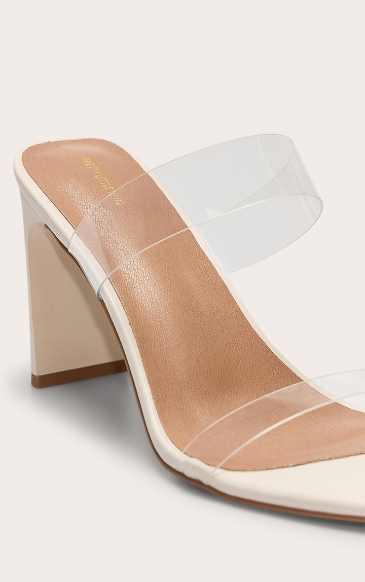 White Pu Square Toe Perspex Straps High Thin Block Heeled Mules Product Image
