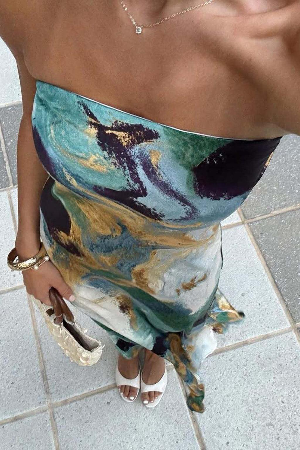 Natalia Blue and Gold Watercolor Strapless Maxi Dress Product Image