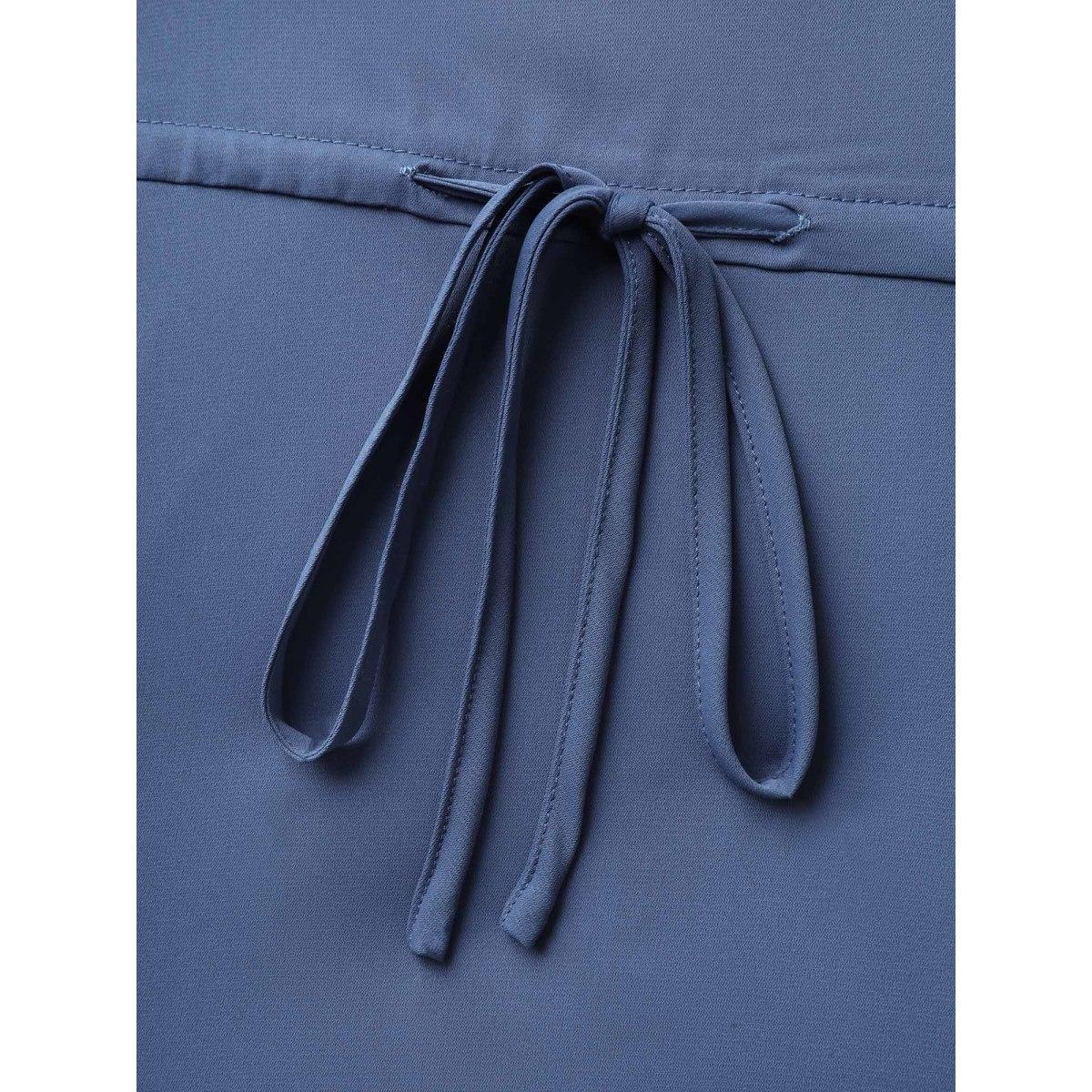 Plus Size Lace Trim Waist-Drawstring Solid Midi Dress Mediumblue Women V-neck Short sleeve Curvy BloomChic 10/M Product Image