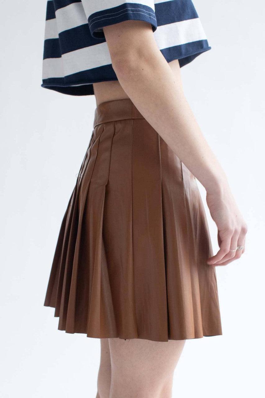 Brown Pleather Pleated Skirt Product Image