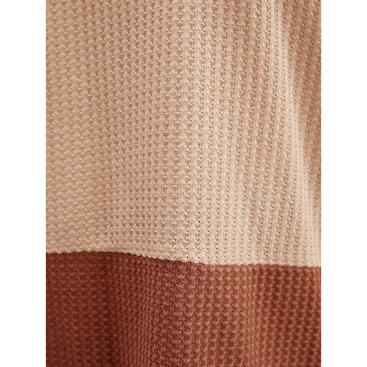 Plus Size Colorblock Contrast V Neck Waffle Knit Long Tee Bronze Women Casual Contrast Plain V-neck Dailywear T-shirts BloomChic 30/6X Product Image