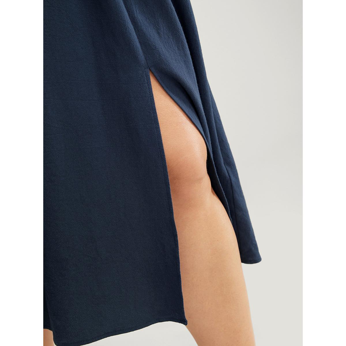 Plus Size Solid Shirt Collar Sleeveless Pocket Button Up Split Hem Dress Indigo Women Office Button Shirt collar Sleeveless Curvy Midi Dress BloomChic 26/4X Product Image