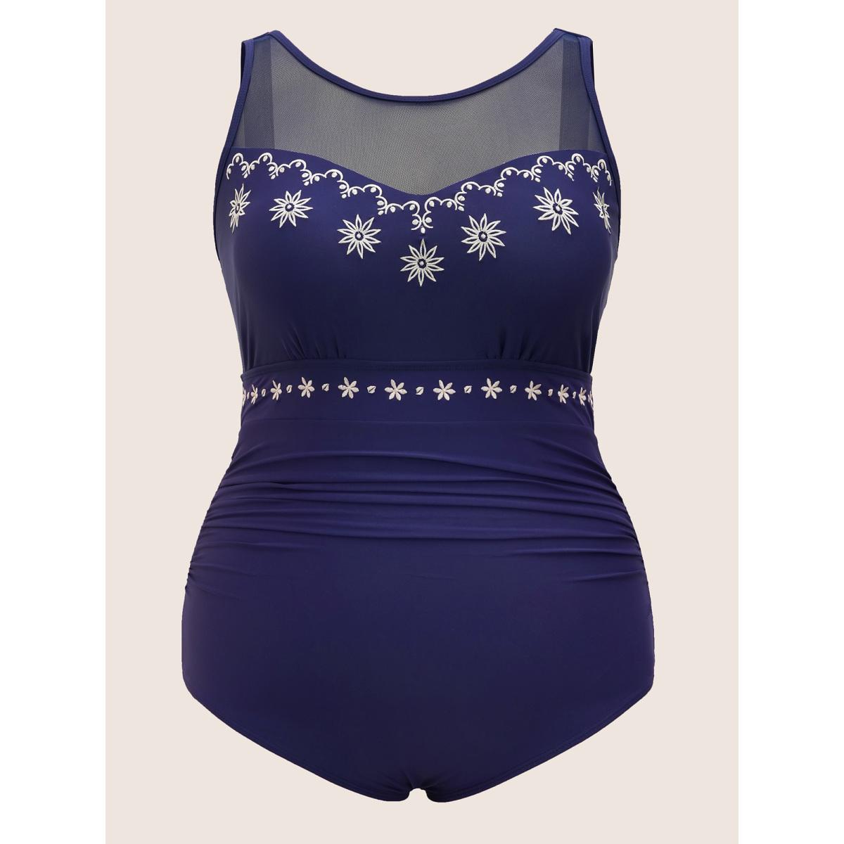 Plus Size Floral Embroidered Mesh Patchwork Ruched One Piece Swimsuit Women's Swimwear Indigo Beach Gathered Curve Bathing Suits High stretch One Pieces BloomChic 14-16/1X Product Image