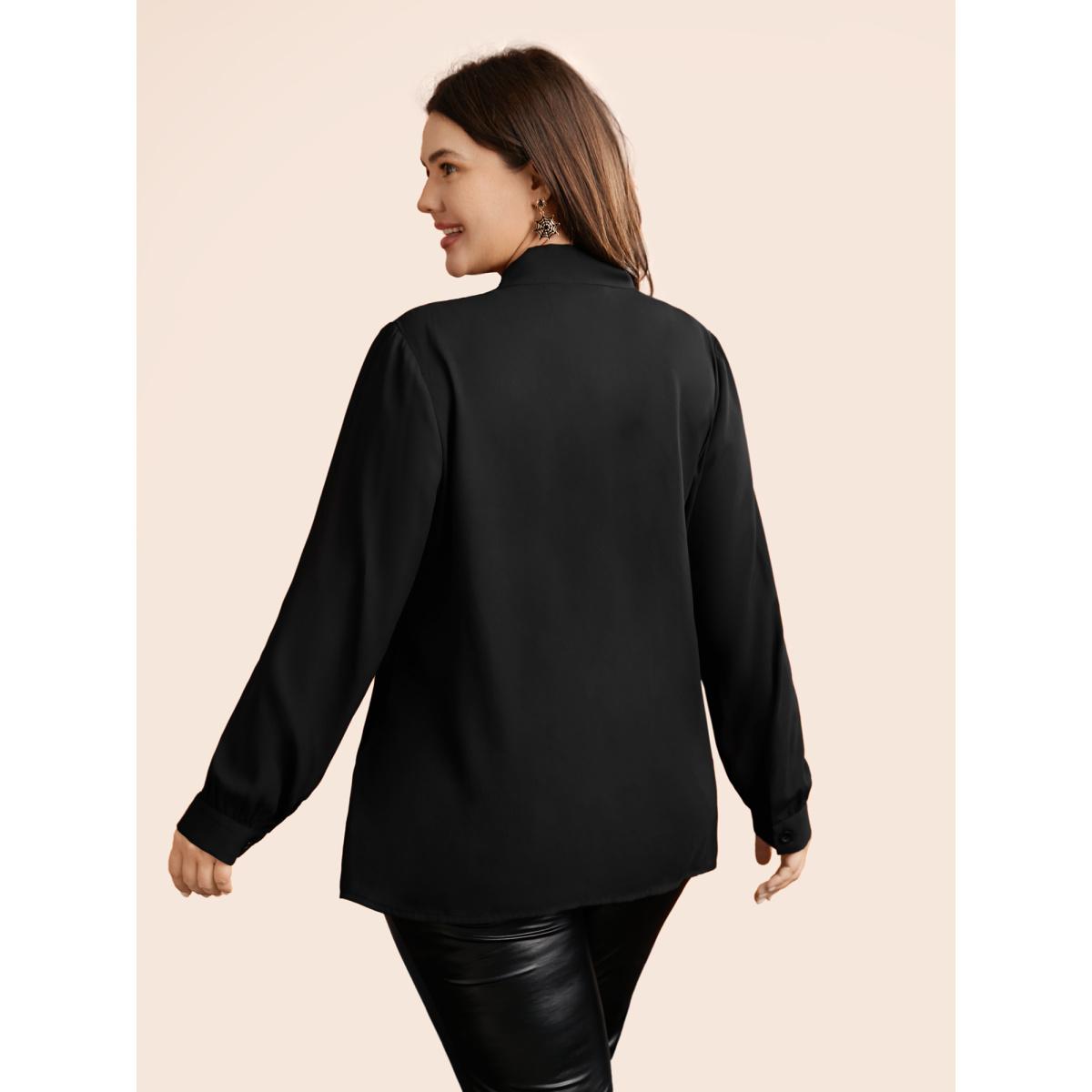 Plus Size Black Lace-Trimmed Adjustable Ties Blouse Women Elegant Long Sleeve Ribbon-tied collar Everyday Blouses BloomChic 14-16/1X Product Image